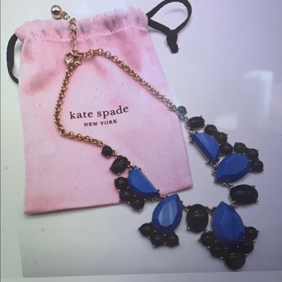 Kate Spade Blue Statement Chunky Teardrop Bib Necklace Gold Tone Black Crystal - Picture 2 of 4